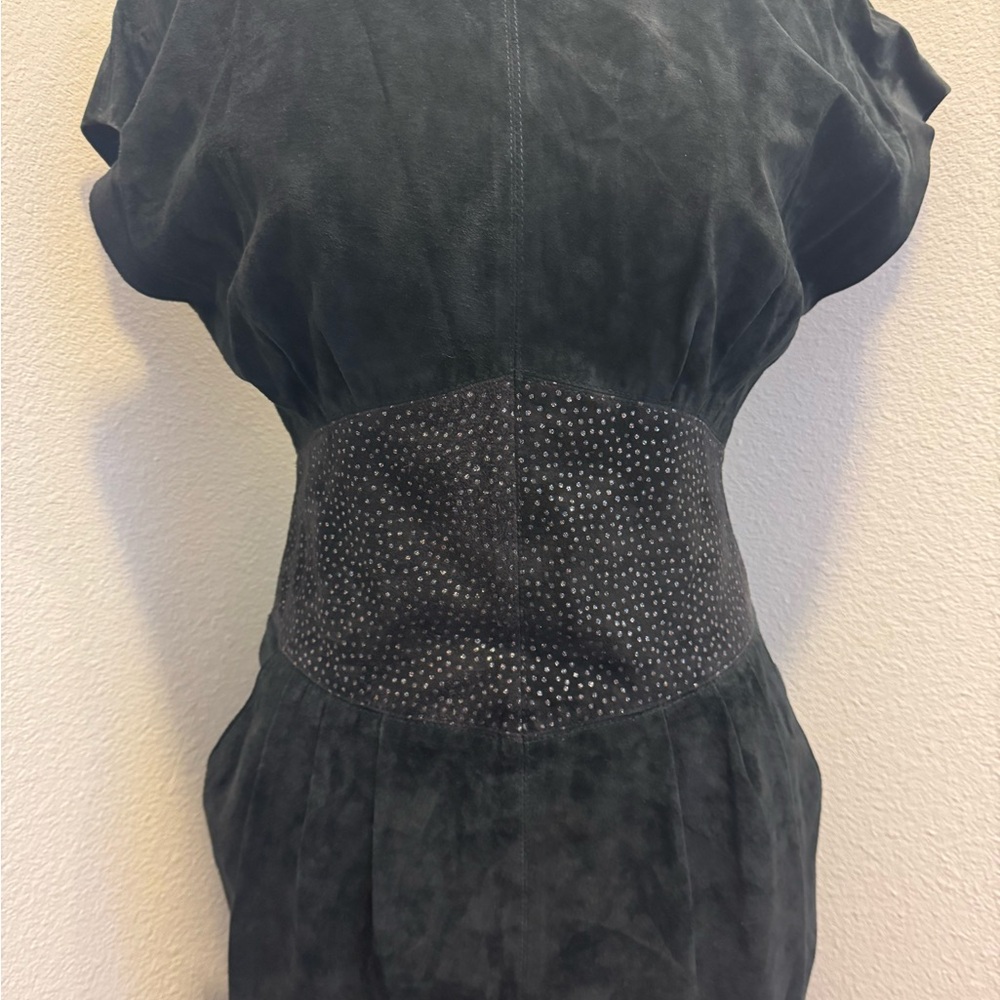 Vintage I. Magnin 80's Black Leather Suede Pig Skin Sheath Corset Dolman 8 - Picture 2 of 9